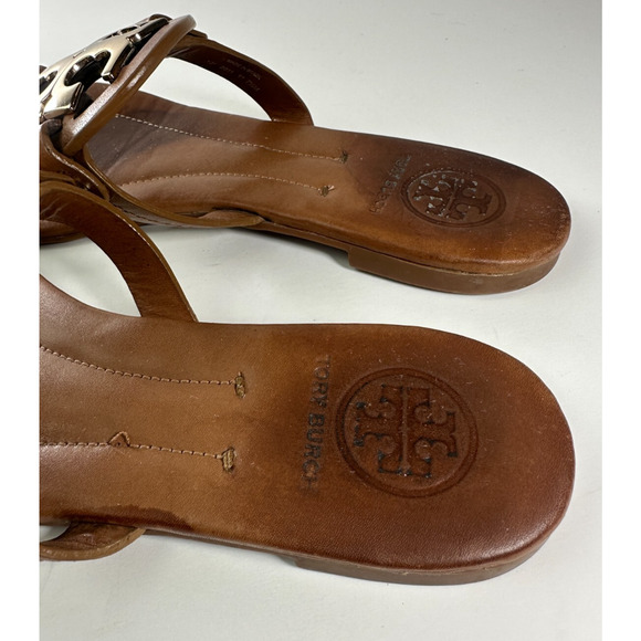 *Damaged Tory Burch Miller Leather Thong Sandals Flat Flip Flops Gold Logo 7.5 M - Picture 14 of 16